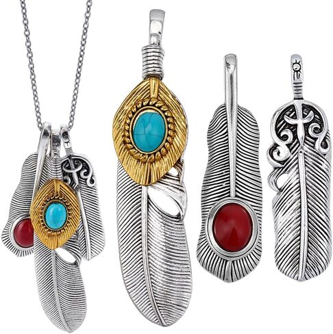 GORGECRAFT 1 Box 8PCS Silver Golden Alloy Big Feather Turquoise Pendant Stainless Steel Silver Feather Charms Necklace Feather Dangle Antique Charms for Diy Key Chain Jewelry Making Findings in Saudi Arabia