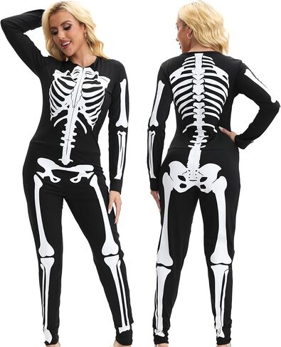 Skeleton Costume Women Front and Back Print Skeletons Sexy Form Fitting Bodysuit for Halloween in Saudi Arabia
