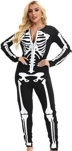 Skeleton Costume Women Front and Back Print Skeletons Sexy Form Fitting Bodysuit for Halloween in Saudi Arabia