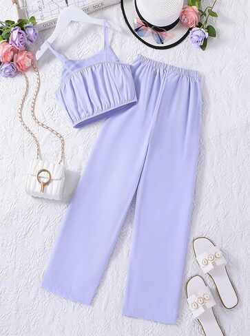 Girls 2 Piece Outfit Set Spaghetti Strap Crop Top and Wide Leg Pants Summer Fashion Suit for Kids and Teens in Saudi Arabia