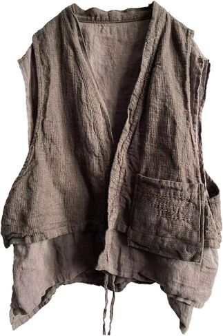 سترة LZJN نسائية من الكتان بطبقة مزدوجة بدون أكمام سترة كيمونو مفتوحة من الأمام صدرية كلاسيكية للشارع مع جيوب in Kuwait