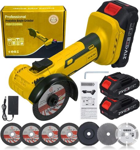 Cordless Angle Grinder Kit, 19000rpm Brushless Mini Angle Grinder with 2PCS 2000mAh Battery & 7pcs Cutting Discs, 21V Electric Cordless Grinder Tool for Metal Wood Polishing Rust Removal in Kuwait