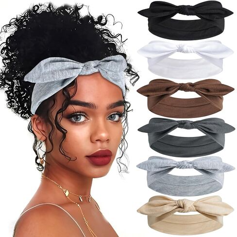 6 Pcs Short Bow Headbands for Women Elastic Sweat Band Boho Non Slip Hair bands Knotted Exercise Hair Bandana Workout Head Scarf Accessories in Saudi Arabia