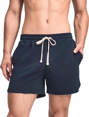 HEAVYWOOD Cotton Short Mens 5 Inch Pajamas Bottom Lounge Sleep Shorts Elastic Waist Lightweight Sleepwear with Pocket in Saudi Arabia