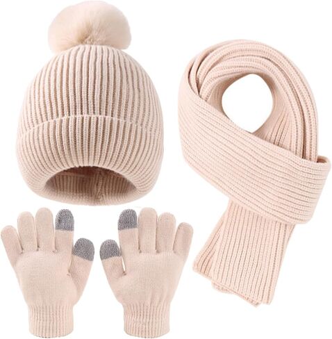 Kid Boy Girl Beanie Hat Scarf Touchscreen Gloves Set Warm Knit Cap with Pompom Long Scarf Neck Hand Warmer in Kuwait