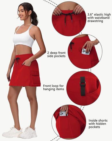 Women's 16" Hiking Cargo Skort Skirt - High Waisted Golf Dressy Casual Workout Sport Skirt with Liner Quick Dry UPF50 Red in Saudi Arabia