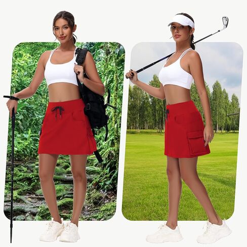 Women's 16" Hiking Cargo Skort Skirt - High Waisted Golf Dressy Casual Workout Sport Skirt with Liner Quick Dry UPF50 Red in Saudi Arabia