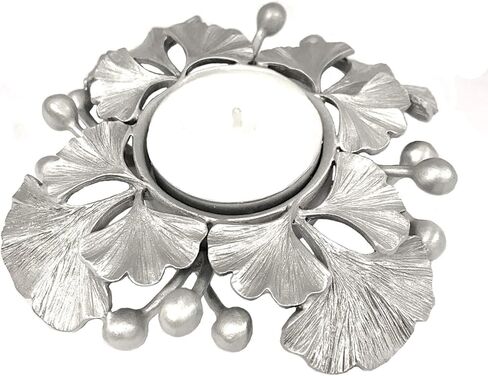 Ginkgo Leaf Design Votive Candle Holder Brushed Pewter 4.5" Made in USA in Saudi Arabia