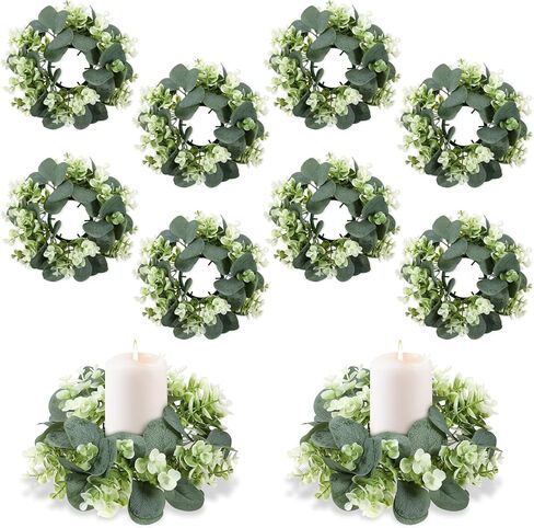 SHENLIU 10 Pcs Candle Rings Artificial Eucalyptus Leaves Wreath Greenery Leaves Boho Garland Pillar Candleholders Candle Rings for Wedding Party Home Table Door in Saudi Arabia