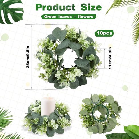 SHENLIU 10 Pcs Candle Rings Artificial Eucalyptus Leaves Wreath Greenery Leaves Boho Garland Pillar Candleholders Candle Rings for Wedding Party Home Table Door in Saudi Arabia