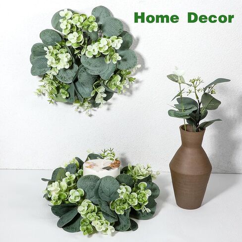 SHENLIU 10 Pcs Candle Rings Artificial Eucalyptus Leaves Wreath Greenery Leaves Boho Garland Pillar Candleholders Candle Rings for Wedding Party Home Table Door in Saudi Arabia