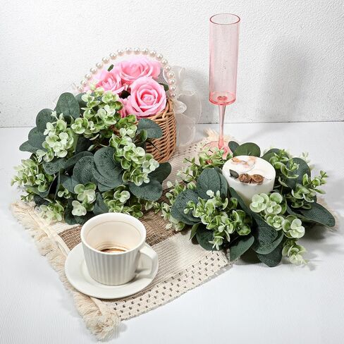 SHENLIU 10 Pcs Candle Rings Artificial Eucalyptus Leaves Wreath Greenery Leaves Boho Garland Pillar Candleholders Candle Rings for Wedding Party Home Table Door in Saudi Arabia