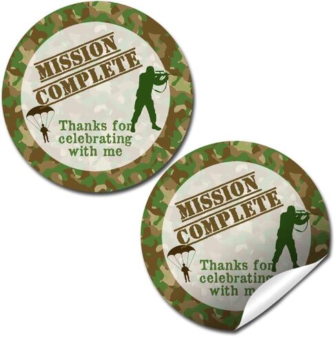 Mission Accomplished Army Tank Birthday Thank You Sticker Labels for Boys, 40 2" Party Circle Stickers by AmandaCreation, Great for Party Favors, Envelope Seals & Goodie Bags in Saudi Arabia