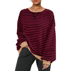Women Striped Oversized Sweatshirt Color Block Long Sleeve Shirt Crew Neck Casual Loose Pullover Y2K Top