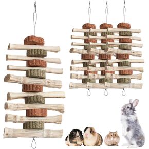 MUYG 4 PCS Rabbit Chew Toys for Teeth Grinding, Delicious Bunny Cage Hanging Chew Toys, Natural Sweet Bamboo Chew Sticks and Timothy Grass Cake Hay Treats Maintaining Healthy Teeth for Rabbits in Kuwait
