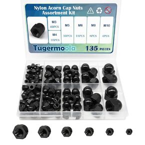 Tugermoola 135PCS Metric Nylon Acorn Cap Nuts Assortment Kit M3 M4 M5 M6 M8 M10 Female Thread Dome Hex Nut Caps Covers Set OLA003