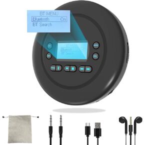 Portable,Bluetooth CD Player with Dual Headphone Jack for Home, Rechargeable Walkman Small CD Player for Car, with Bluetooth Visibility LCD Screen