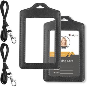 Teskyer 2 Pack of Double Sided Clear Badge Holder with Lanyard, PU Leather ID Badge Name Card Holder with Stainless Steel J-Hook Nylon Lanyard for Work ID, School ID, Metro Card, Access Card, Black