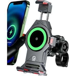 BRCOVAN Motorcycle Phone Mount with Qi 15W Wireless Charger & Vibration Dampener, Anti-Theft, Anti-Shake, Adjustable, Aluminum Alloy Motorcycle Handlebar Cell Phone Holder for 4.7''-7.2'' Smartphones