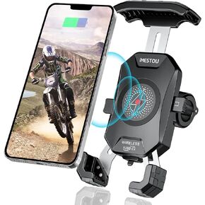 iMESTOU Motorcycle Wireless Phone Mount Charger -Motorcycle USB C 3.0 Phone Holder Qi 15W by Wiring/Plugging to USB A Socket Aluminium Handlebar Base Waterproof for 4-7" Cellphones