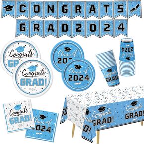 Graduation Party Supplies Graduation Party Red and Blue Class of 2024 Tableware Disposable Paper Plates Napkins Cups Banne Tablecloth for Congrats Grad Party Decorations, Serve 25
