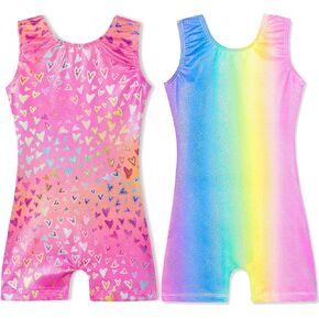 Domusgo Gymnastics Leotards for Girls 1t 2t Sparkle Nenon Love Heart Biketard with Shorts Cute Pro Colorful Stripe Apparel for Kids Primary School Daily Wear Gifts