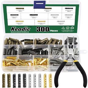 Keadic 301 Pcs Metal Shoelaces Tips Head Assorted Set with Flat Nose Pliers Kit, Silver/Gold/Gun black/Bronze 4 Holes Bullet Shaped Aglet Tips Shoe lace Ends Replacement for Sneakers Canvas DIY（20mm）