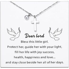 Baptism Cross Necklace for Girls, First Communion Gifts for Teenage Girls, 1st Communion Confirmation Gifts for Teens Girls, Little Girls Jewelry with Pearl, Kids Christening Baptism Religious Gifts