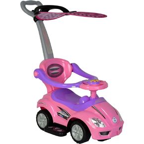 ChromeWheels Push Cars for Toddlers, 3 in 1 Ride on Push Car with Removable Canopy, Ride on Toys Mega Car w/Handle & Horn & Music, Pink