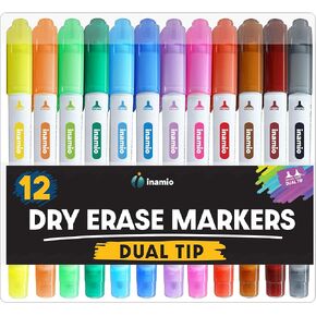 Dry Erase Markers for Whiteboard – Ultra Fine Tip White Board Markers – Dual Tip, Pastel Colors - Fine Point Erasable Markers - 12 Set
