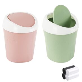 SITAKE 2 Pcs Plastic Mini Wastebasket Trash Can with 120 Trash Bags, Tiny Desktop Waste Garbage Bin with Swing Lid for Home, Office, Kitchen, Vanity Tabletop, Bedroom, Bathroom (Blue + Green)