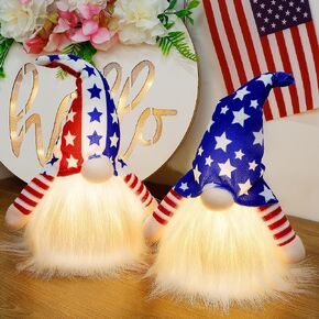 Juegoal 10.5" Lighted Patriotic Plush Gnomes, 4th of July Decorations Handmade American Uncle Sam Tomte Light Up Elf, Figurine for Veterans Day Gifts, Tabletop Independence Day Holiday Decor, 2 Pack