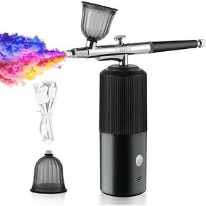 Portable Airbrush Kit Machine with Compressor, 32PSI High Pressure Rechargeable Handheld Airbrush, Professional Cordless Airbrush for Nail Art, Makeup, Cake Decor, Painting (Silver & Purple New)