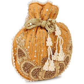 LONGING TO BUY Indian Ethnic Golden Embrodiery Potli Bag For Women, Bridal Potli Bag and Wedding Potli Bag
