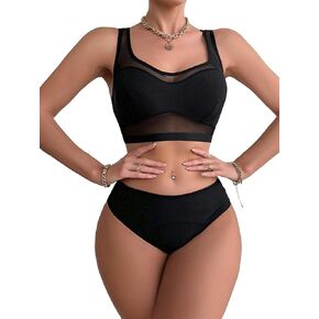 SHENHE Women's 2 Piece Lingerie Set Sheer Contrast Mesh Wireless Bra and Mid Rise Brief Set