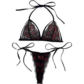 SweatyRocks Women's 2 Piece Lingerie Set Lace Halter Triangle Bra and Tie Side Thong Set Nightwear