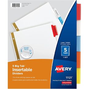 Avery 5-Tab Binder Dividers, Insertable Multicolor Big Tabs, 1 Set (11121)