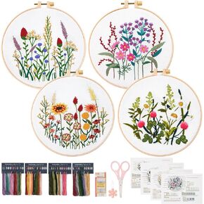 Dremisland 4 Sets Embroidery Kit for Beginners Cross Stitch Kits for Adults with Cute Flowers and Plants Patterns Beginner Embroidery Kit for Adults Follow Instruction Video