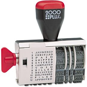 2000 Plus Traditional Date and 12 Phrase Stamp, Answered, Cancelled, Paid, Shipped, Entered, Completed, Void, Billed, Received, Delivered, Filed, Approved, 3/8" x 1-1/4" Impression, Black Ink(010180)
