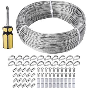 PATIKIL 5/64" Wire Rope Kit, 328ft Stainless Steel Wire Cable Railing Kits 7x7 Strand Core with Aluminum Crimping Sleeves Thimbles for Garden Fence Deck Railing