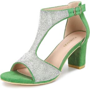 CAMSSOO T-Strap Rhinestone Heels for Women Heeled Sandals Open Toe Block Chunky Heel Pumps 3.35 IN