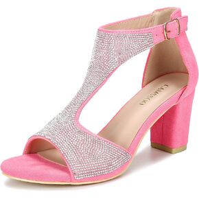 CAMSSOO T-Strap Rhinestone Heels for Women Heeled Sandals Open Toe Block Chunky Heel Pumps 3.35 IN