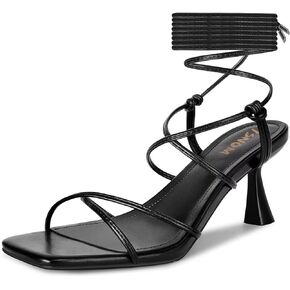 ISNOM Strappy Sandals for Women Kitten Heels Lace Up Heels Stiletto Heels Wrap Around Heels with Square Toe