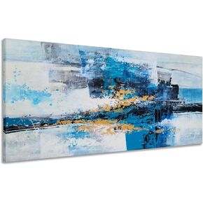 YHSKY ARTS Hand Crafted Abstract Canvas Wall Art - Modern Blue and Gold Oil Paintings - Contemporary Large Pictures for Living Room Bedroom Dinning Decor
