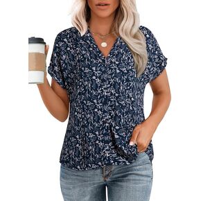 Dokotoo Women's Casual V Neck Floral Print Smocked Short Cap Sleeve Button Down Chiffon Blouses Pleated Top Shirts