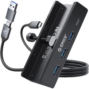 ORICO USB Hub 3.0, Clamp USB Hub with Extra Power Supply Port, Aluminum 4-Port USB Adapter with 3 USB-A Data Ports, USB-C Port for Monitors, Desks (Black)