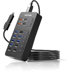 SENTANK Powered USB Hub,14 Ports USB Data Hub Splitter with 6 USB 3.0 Port,4 Charging Port,1 USB-C 3.0 Data Port,1 PD 60W Charging Port w LED Individual On/Off Switches for MacBook,Mac Pro,Laptop/PC