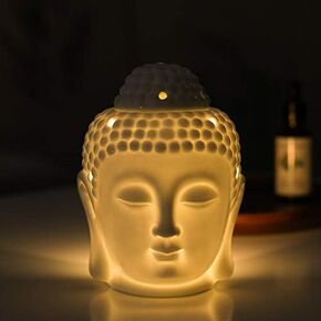 حامل شموع من السيراميك، موقد زيتي، موقد شمع منزلي، ديكور رأس بوذا الأساسي للعلاج العطري، مواقد تذوب الشمع، موزع زيت، حوامل شموع تيلايت، زخرفة بوذا لمنتجع اليوجا (أبيض) in Kuwait