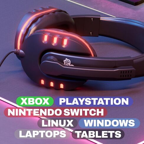 سماعة الألعاب السلكية GamePunk NightOwl LED مع ميكروفون | كابل بطول 6 أقدام مع وظيفة التوصيل والدردشة السريعة | عقال قابل للتعديل | سماعة رأس لألعاب الكمبيوتر الشخصي متوافقة مع أجهزة الكمبيوتر الشخصية وPS5 وXbox Series X وS (أسود) in Kuwait