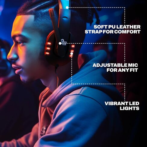 سماعة الألعاب السلكية GamePunk NightOwl LED مع ميكروفون | كابل بطول 6 أقدام مع وظيفة التوصيل والدردشة السريعة | عقال قابل للتعديل | سماعة رأس لألعاب الكمبيوتر الشخصي متوافقة مع أجهزة الكمبيوتر الشخصية وPS5 وXbox Series X وS (أسود) in Kuwait